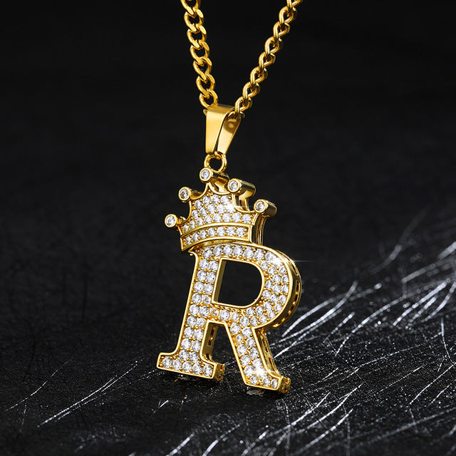 Crown Pendant Stainless Steel Letter Necklace
