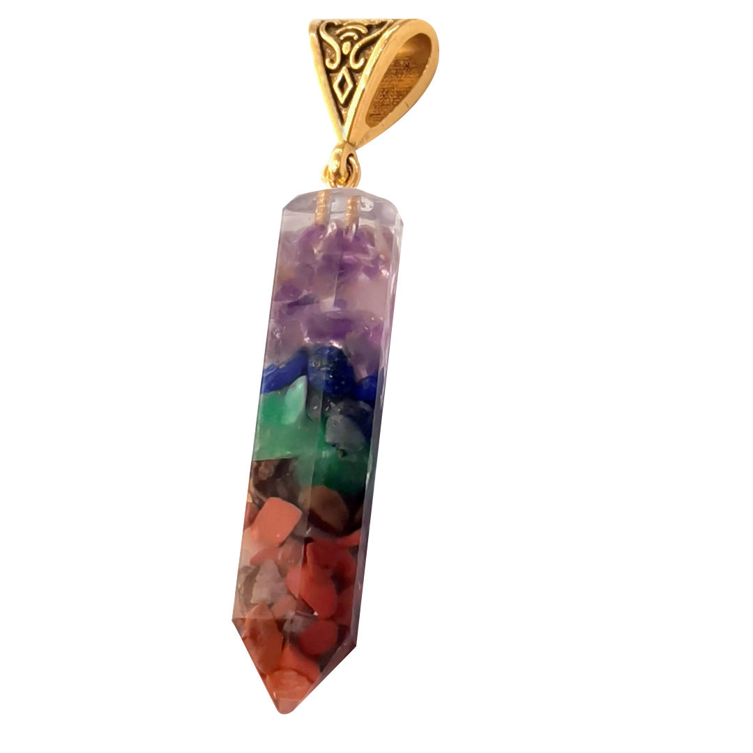 Seven Chakra Natural Crushed Stone Hexagon Column Necklace Aura Pendant
