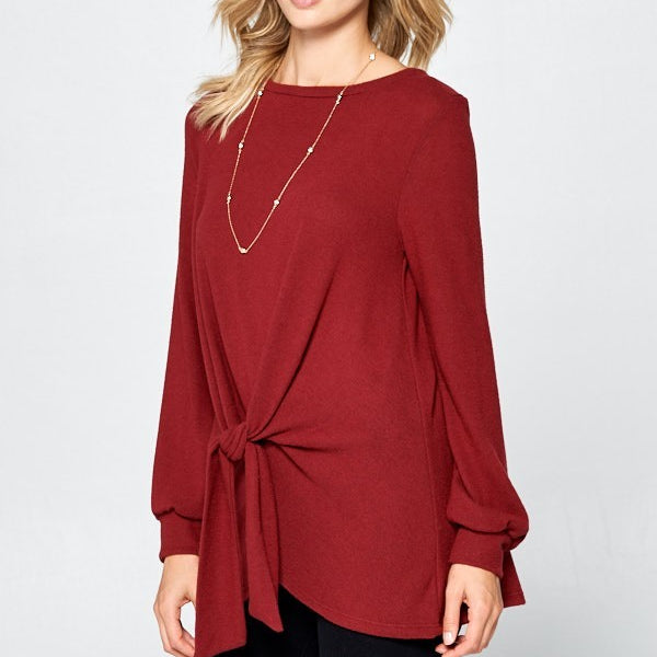 Super Lady Full Size Round Neck Knot Front Hacci Blouse
