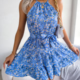 Tied Printed Grecian Neck Mini Dress
