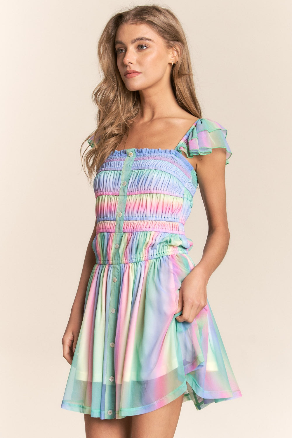 J.NNA Rainbow Smocked Mini Mesh Dress
