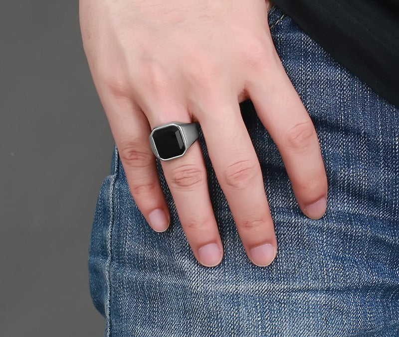 Men's stainless steel black agate ring
