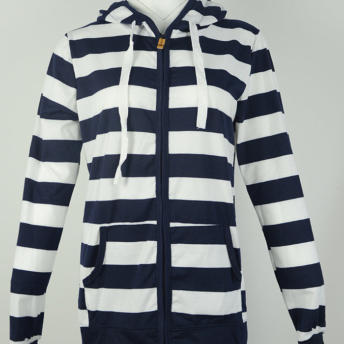 Hooded large size long sleeve striped sweater
