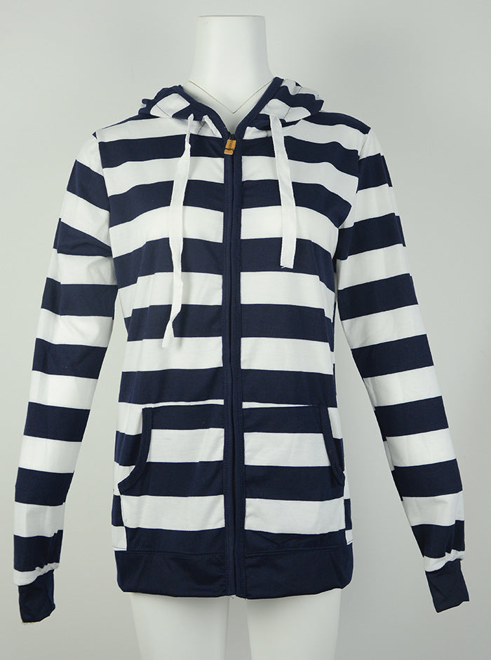 Hooded large size long sleeve striped sweater
