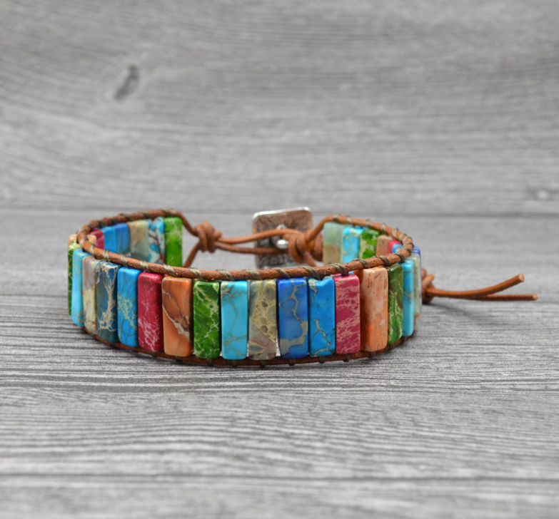 Colored Imperial Stone Hand-woven Single-layer Leather Bracelet Creative Ethnic Style Simple Bracelet
