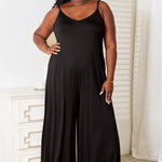 Double Take Full Size Soft Rayon Spaghetti Strap Tied Wide Leg Jumpsuit
