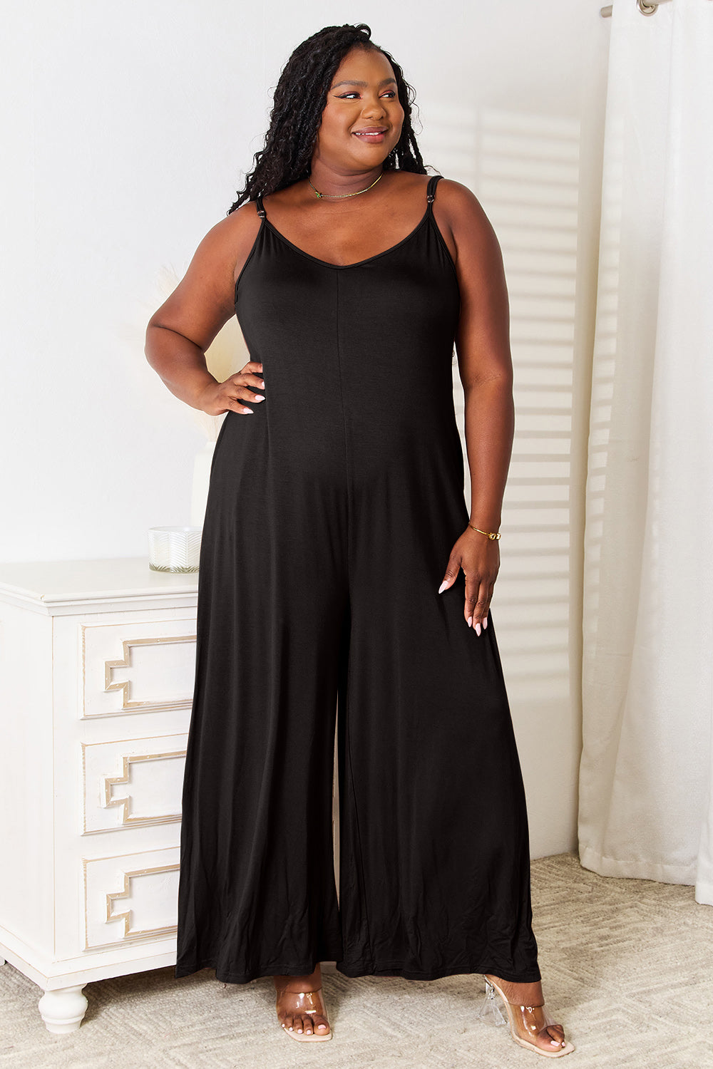 Double Take Full Size Soft Rayon Spaghetti Strap Tied Wide Leg Jumpsuit
