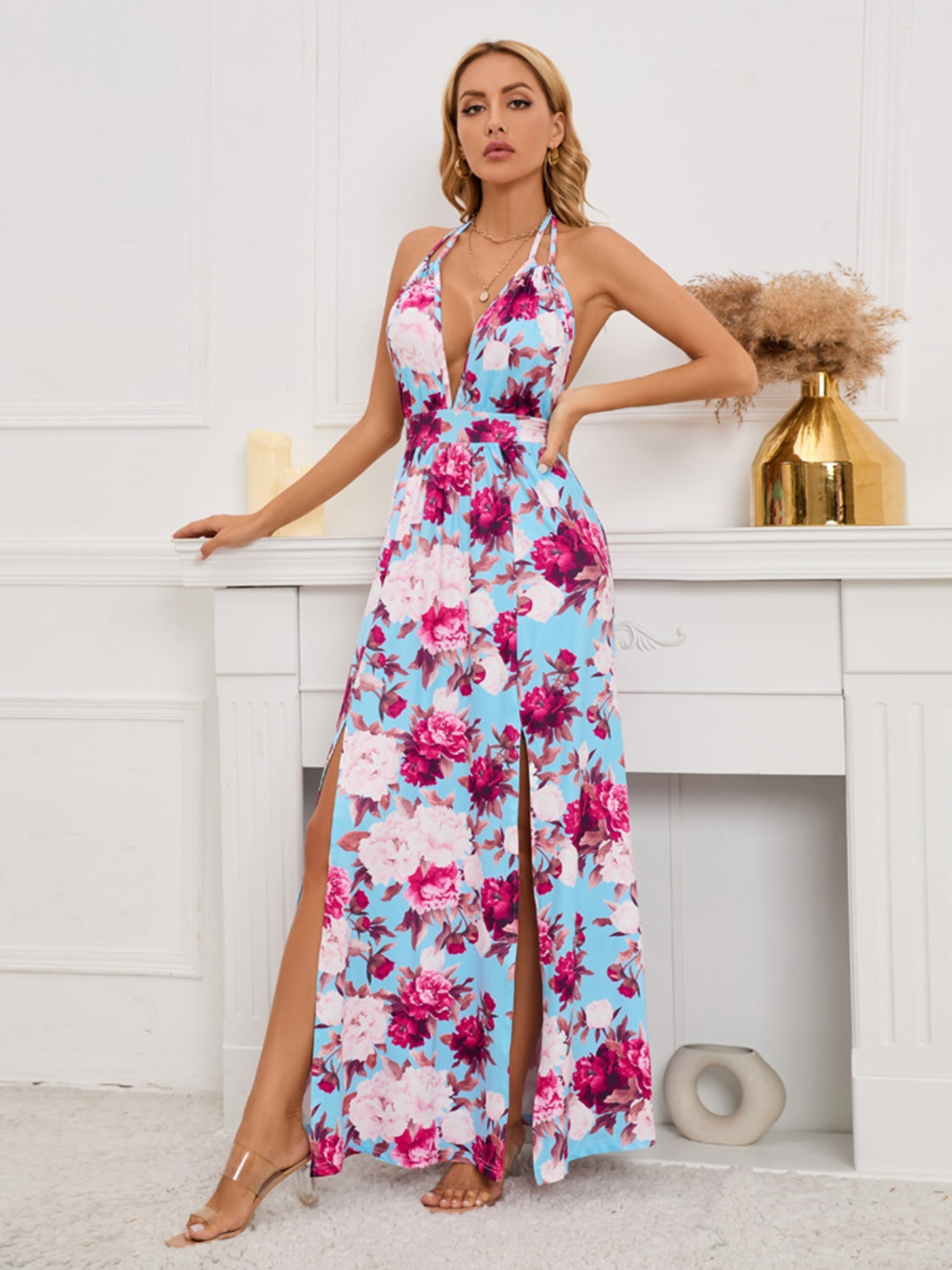 Slit Backless Printed Halter Neck Dress
