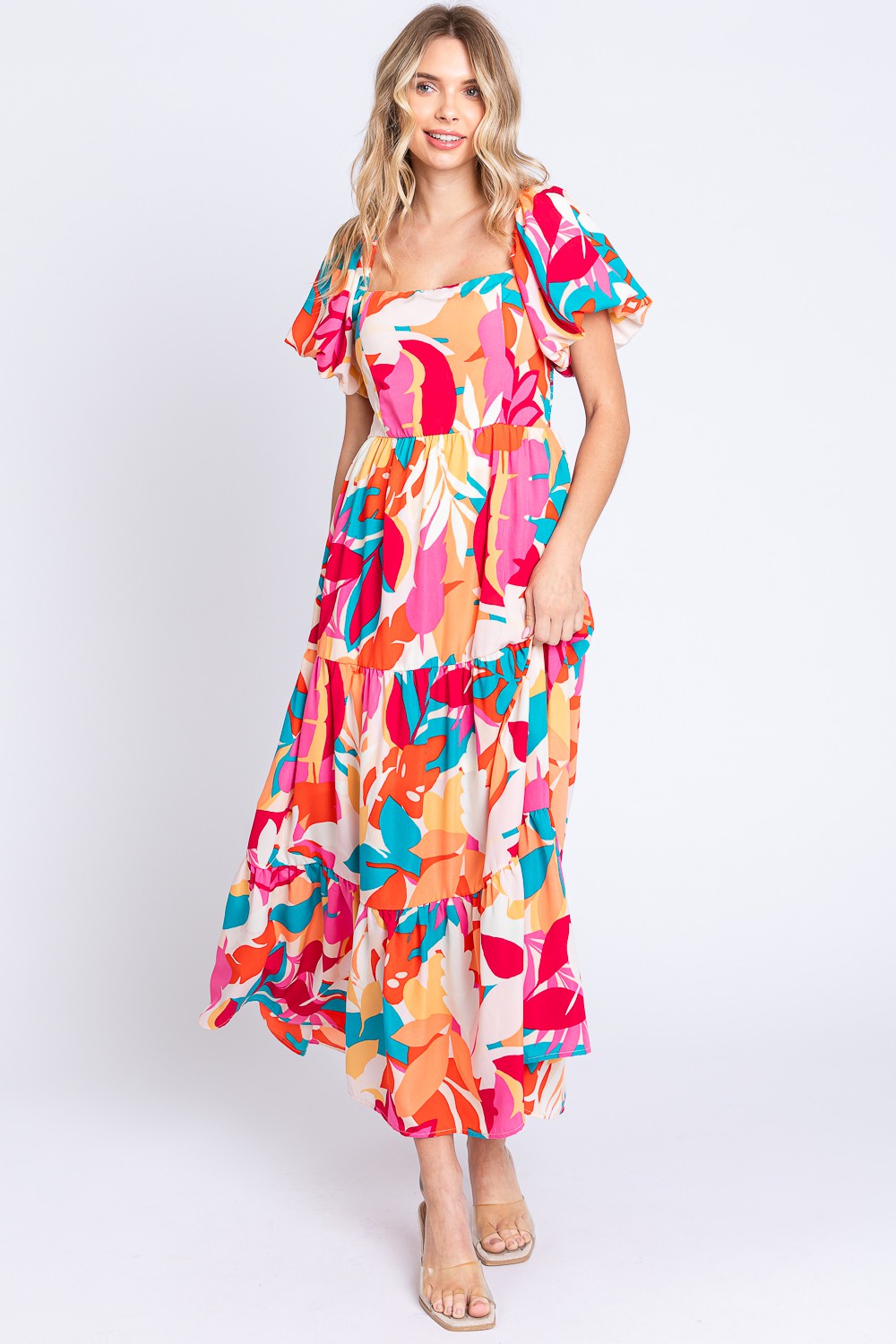 GeeGee Full Size Printed Smocked Back Tiered Maxi Dress
