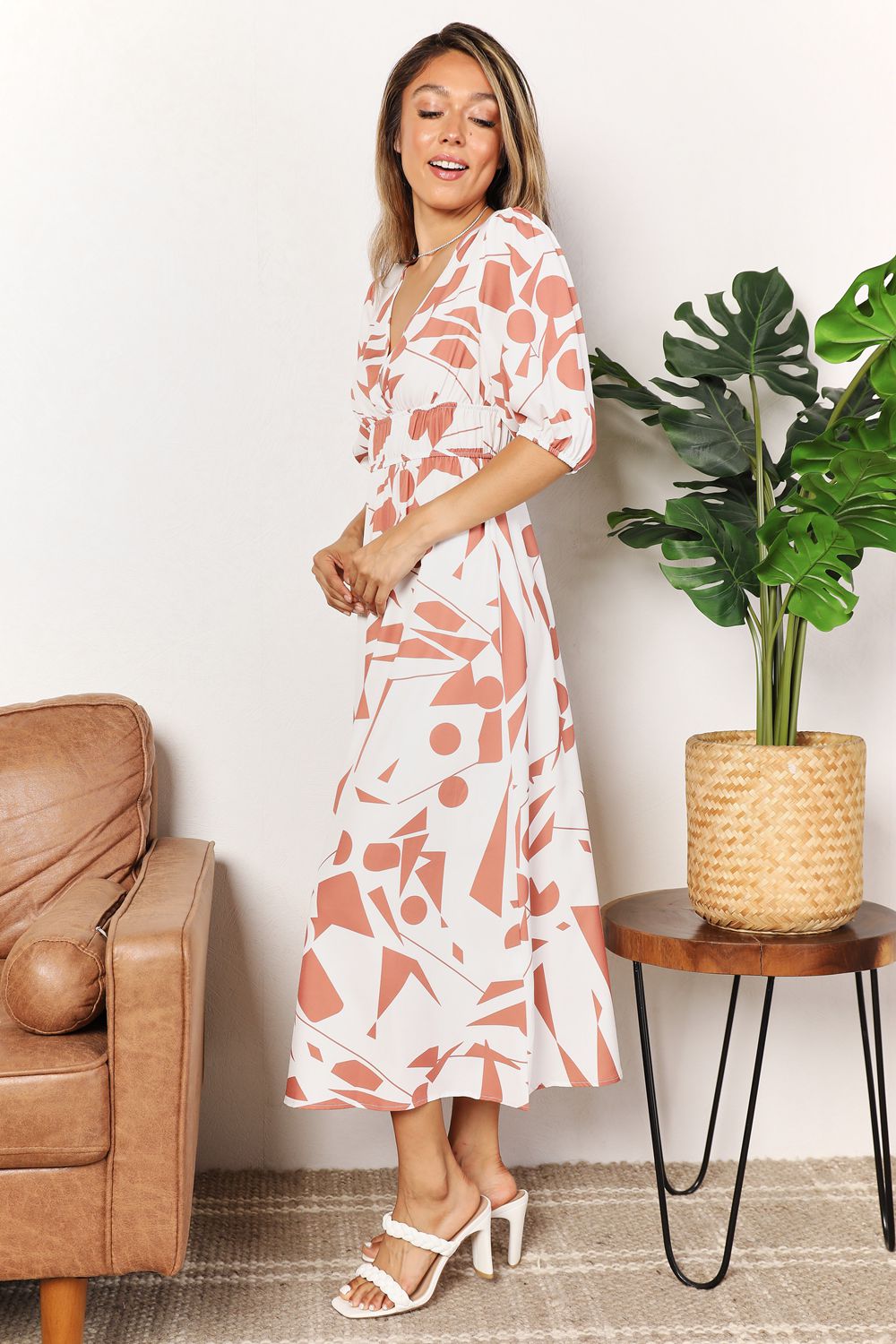 Double Take Printed Surplice Balloon Sleeve Dress
