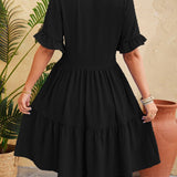 Swiss Dot Ruffled V-Neck Tiered Dress
