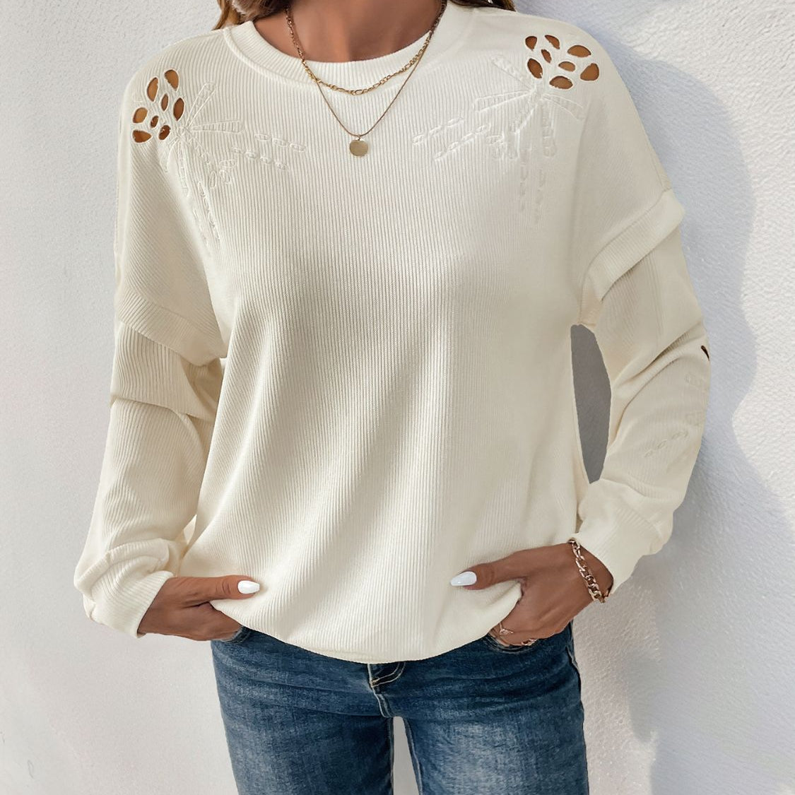 Perfee Cutout Round Neck Long Sleeve Sweatshirt
