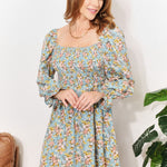 Double Take Floral Smocked Flounce Sleeve Square Neck Dress
