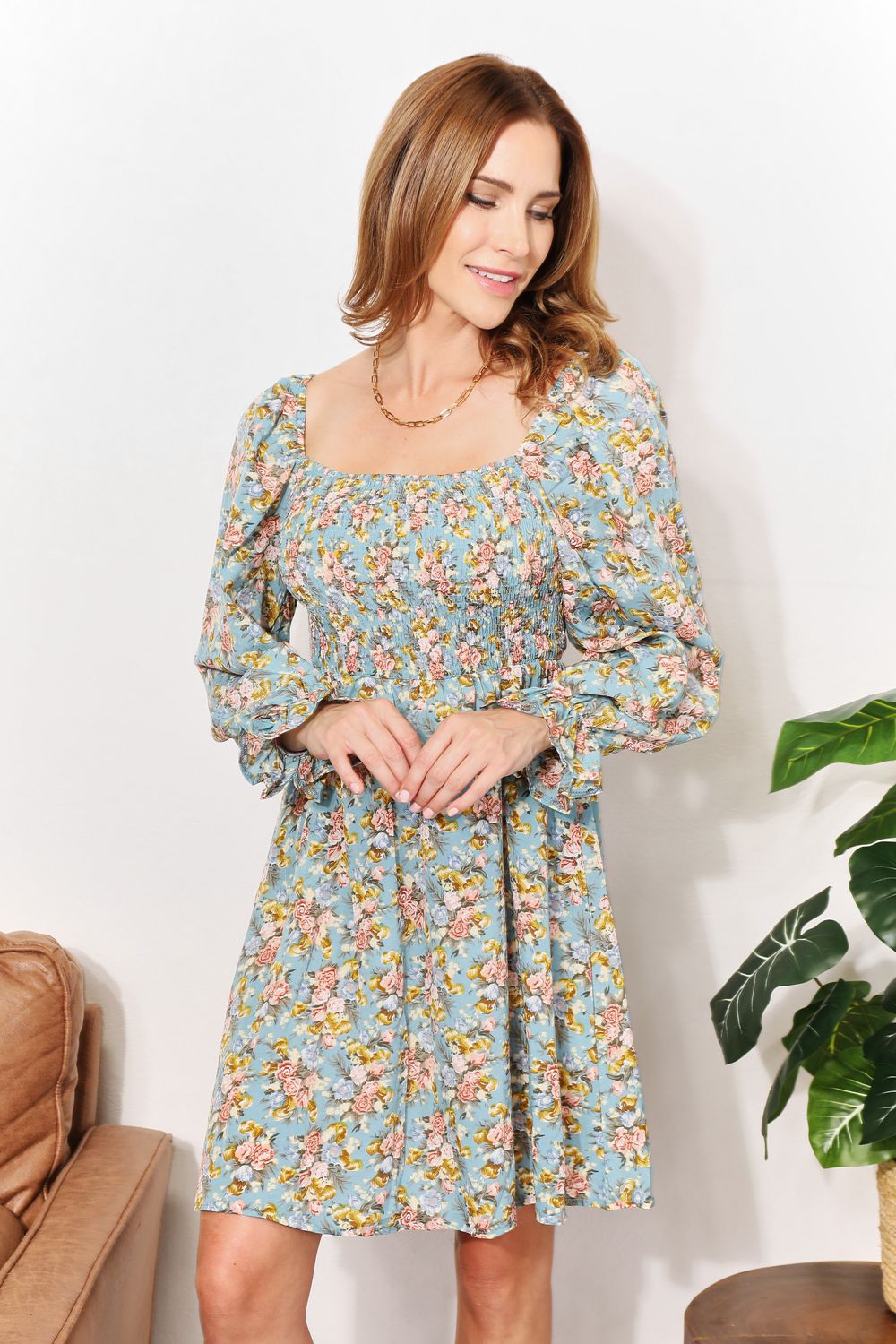 Double Take Floral Smocked Flounce Sleeve Square Neck Dress
