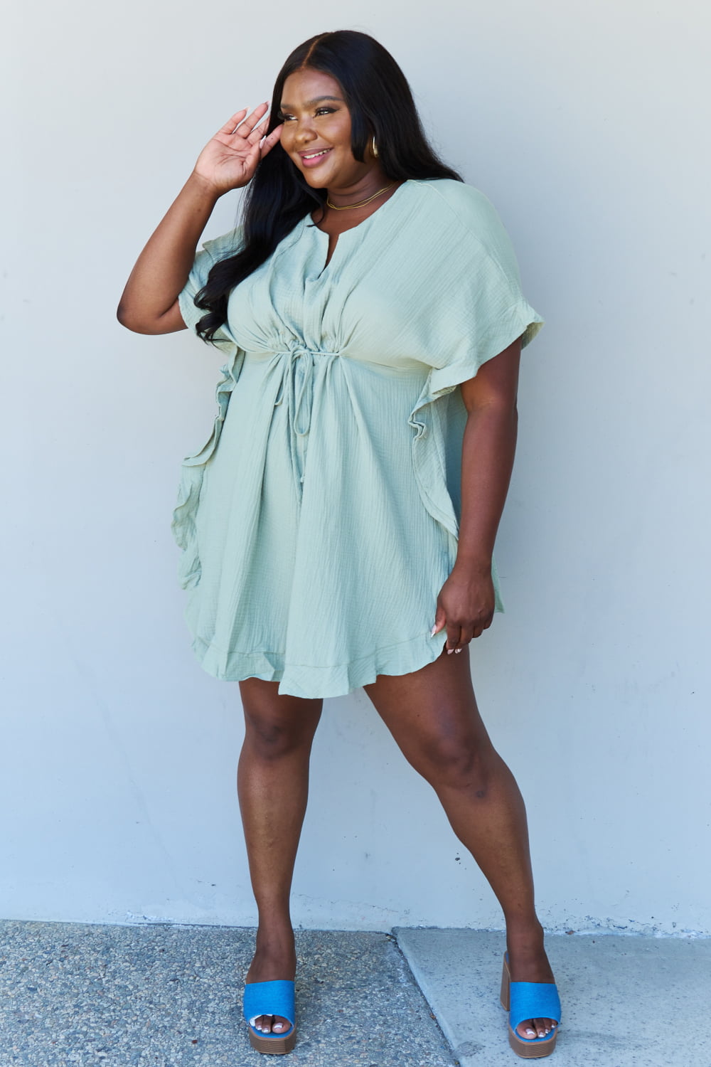 Ninexis Out Of Time Full Size Ruffle Hem Dress with Drawstring Waistband in Light Sage
