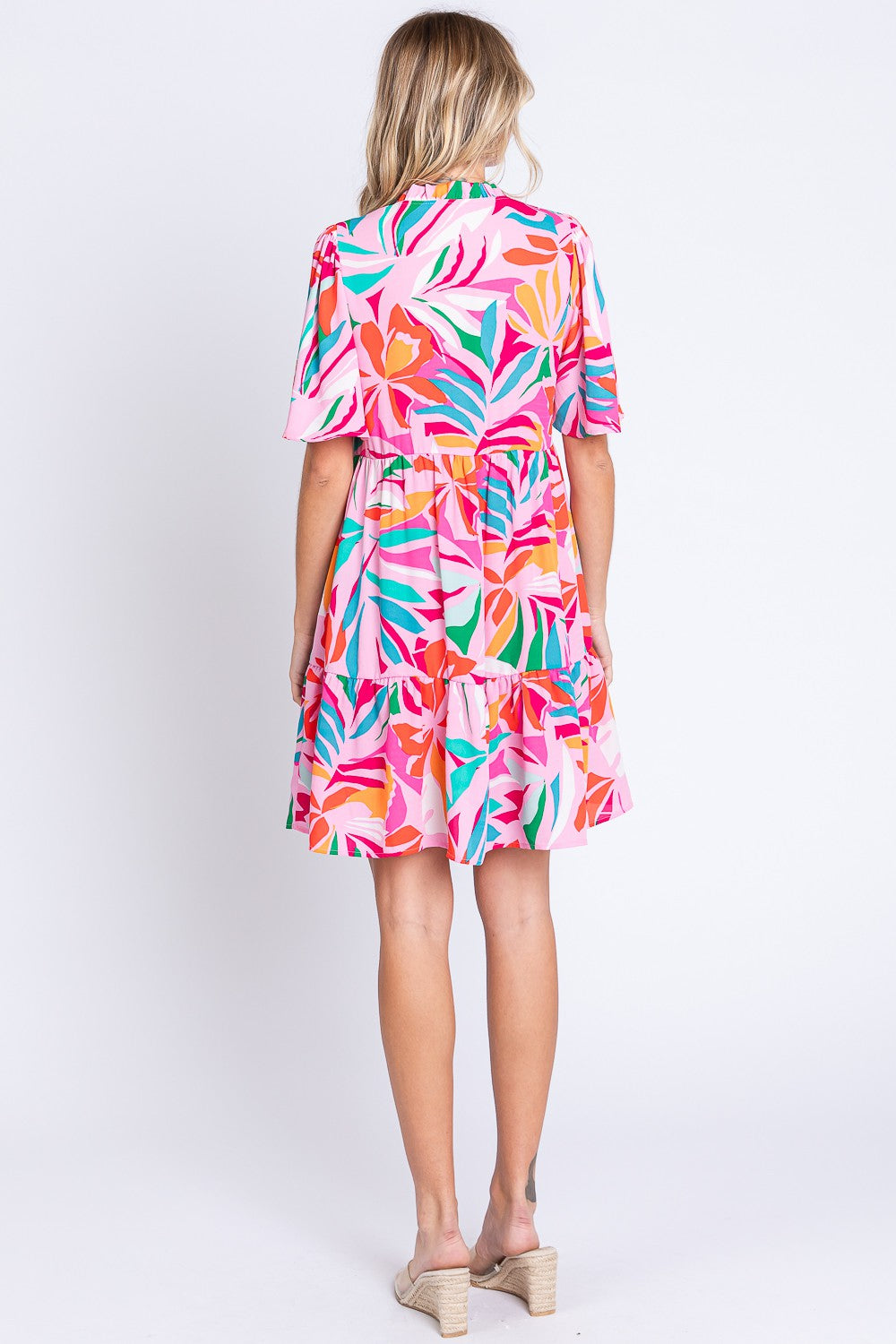 GeeGee Printed Short Sleeve Ruffle Hem Dress
