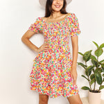 Double Take Smocked Sweetheart Neck Flounce Sleeve Mini Dress
