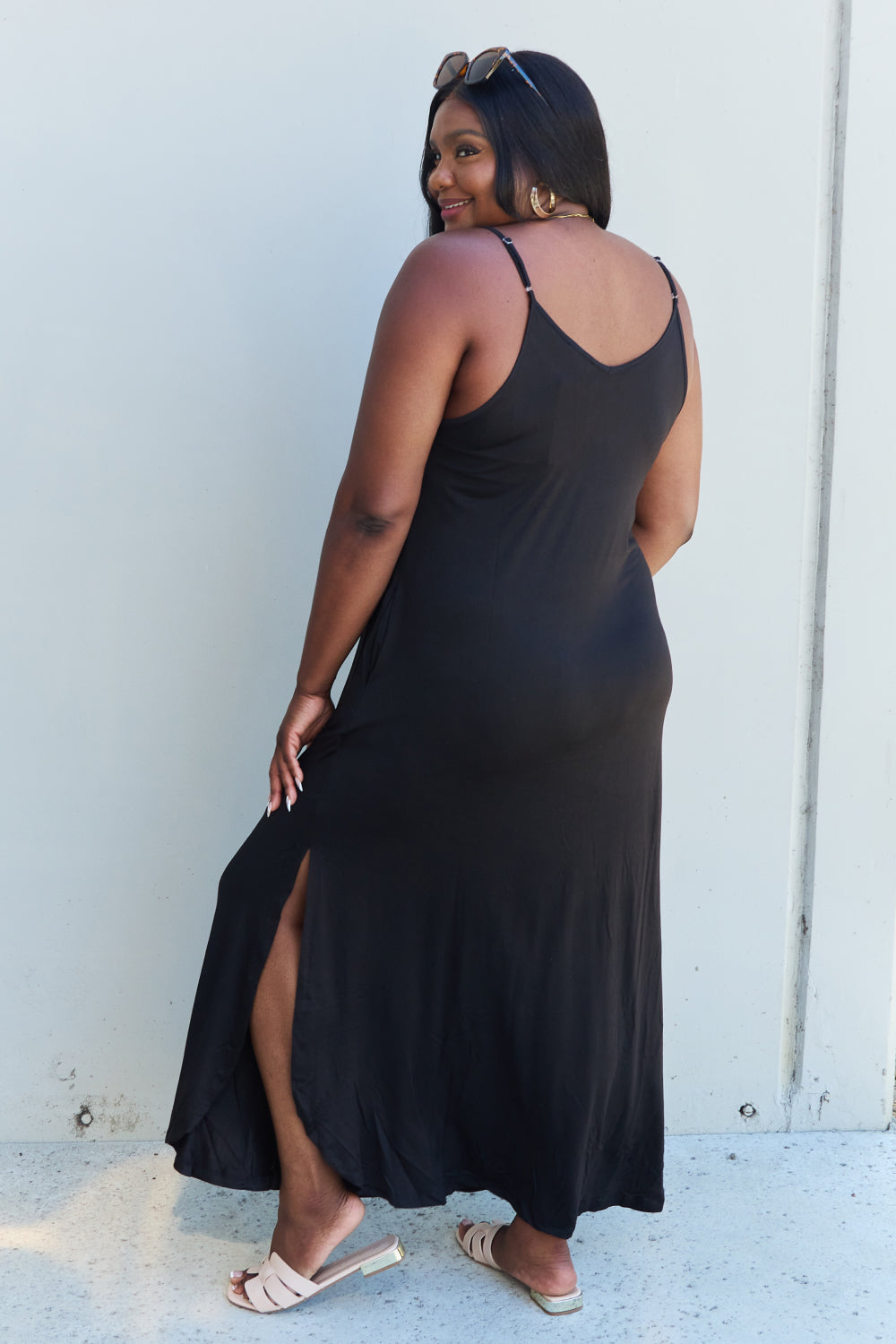 Ninexis Good Energy Full Size Cami Side Slit Maxi Dress in Black
