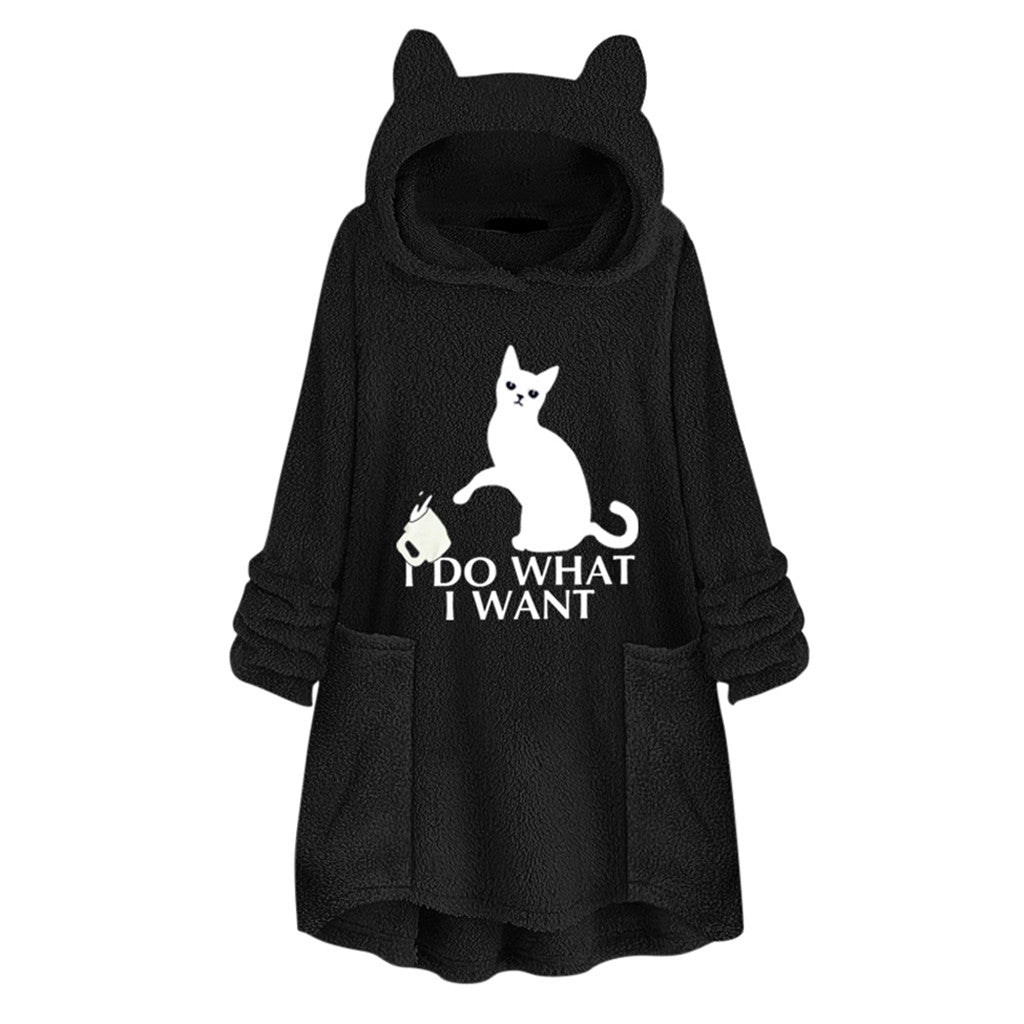 Hooded Pullover Cat Print Long Sleeved Reversible Velvet Sweater
