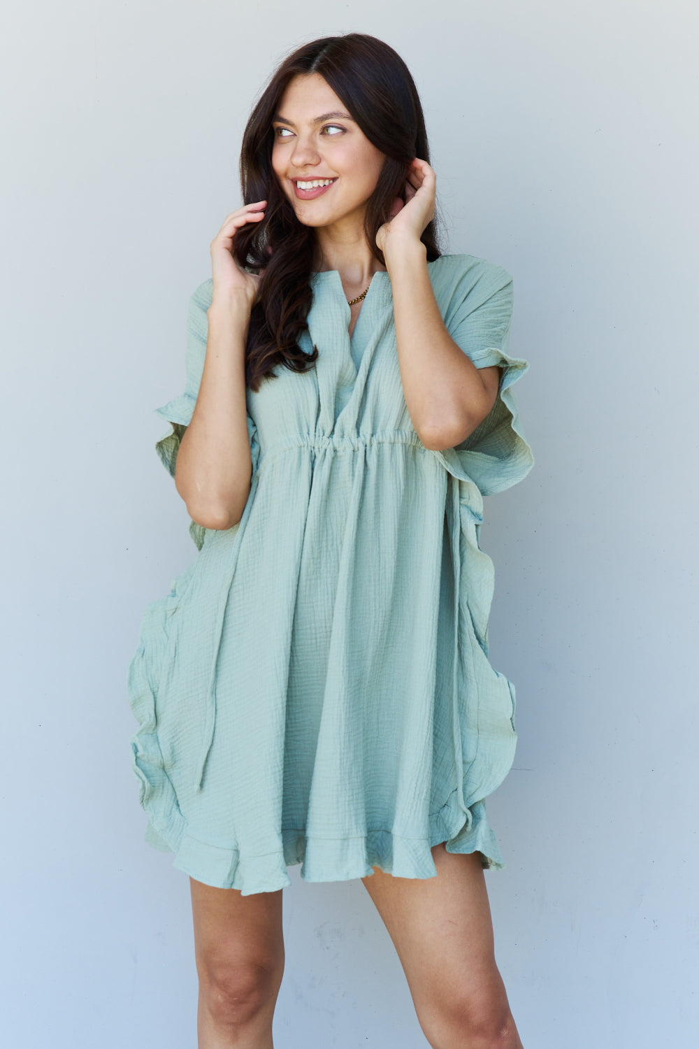 Ninexis Out Of Time Full Size Ruffle Hem Dress with Drawstring Waistband in Light Sage
