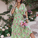 Smocked Floral V-Neck Short Sleeve Dress
