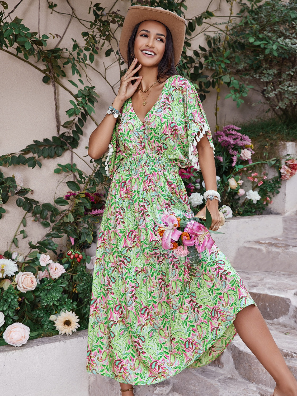 Smocked Floral V-Neck Short Sleeve Dress
