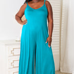 Double Take Full Size Soft Rayon Spaghetti Strap Tied Wide Leg Jumpsuit
