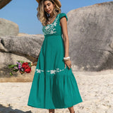 Embroidered Square Neck Cap Sleeve Dress
