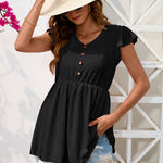 Decorative Button V-Neck Cap Sleeve Blouse
