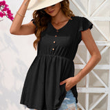 Decorative Button V-Neck Cap Sleeve Blouse
