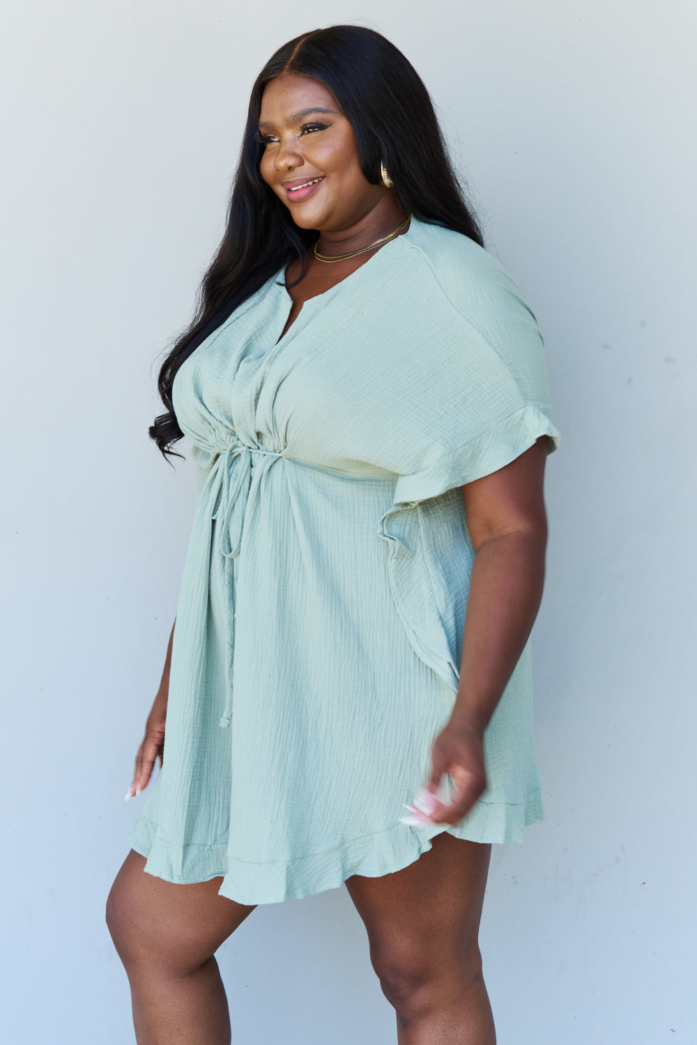 Ninexis Out Of Time Full Size Ruffle Hem Dress with Drawstring Waistband in Light Sage
