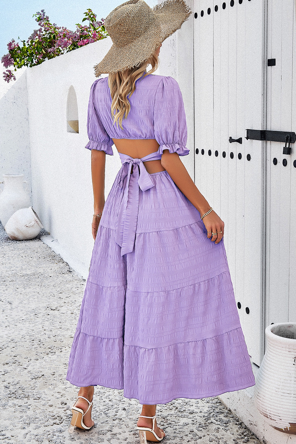 Tie Back Short Sleeve Tiered Dress
