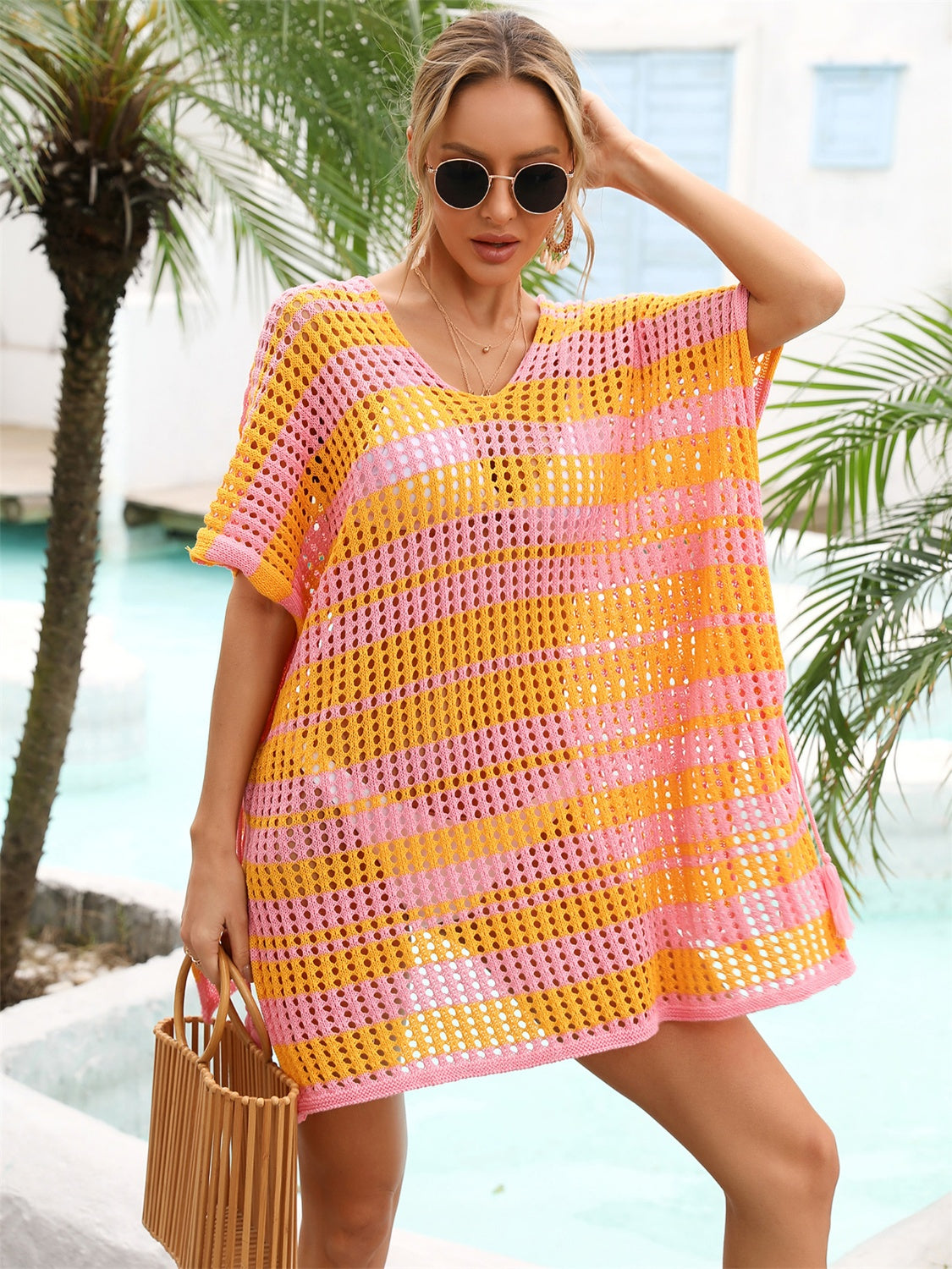 Tassel Openwork Striped V-Neck Cover Up
