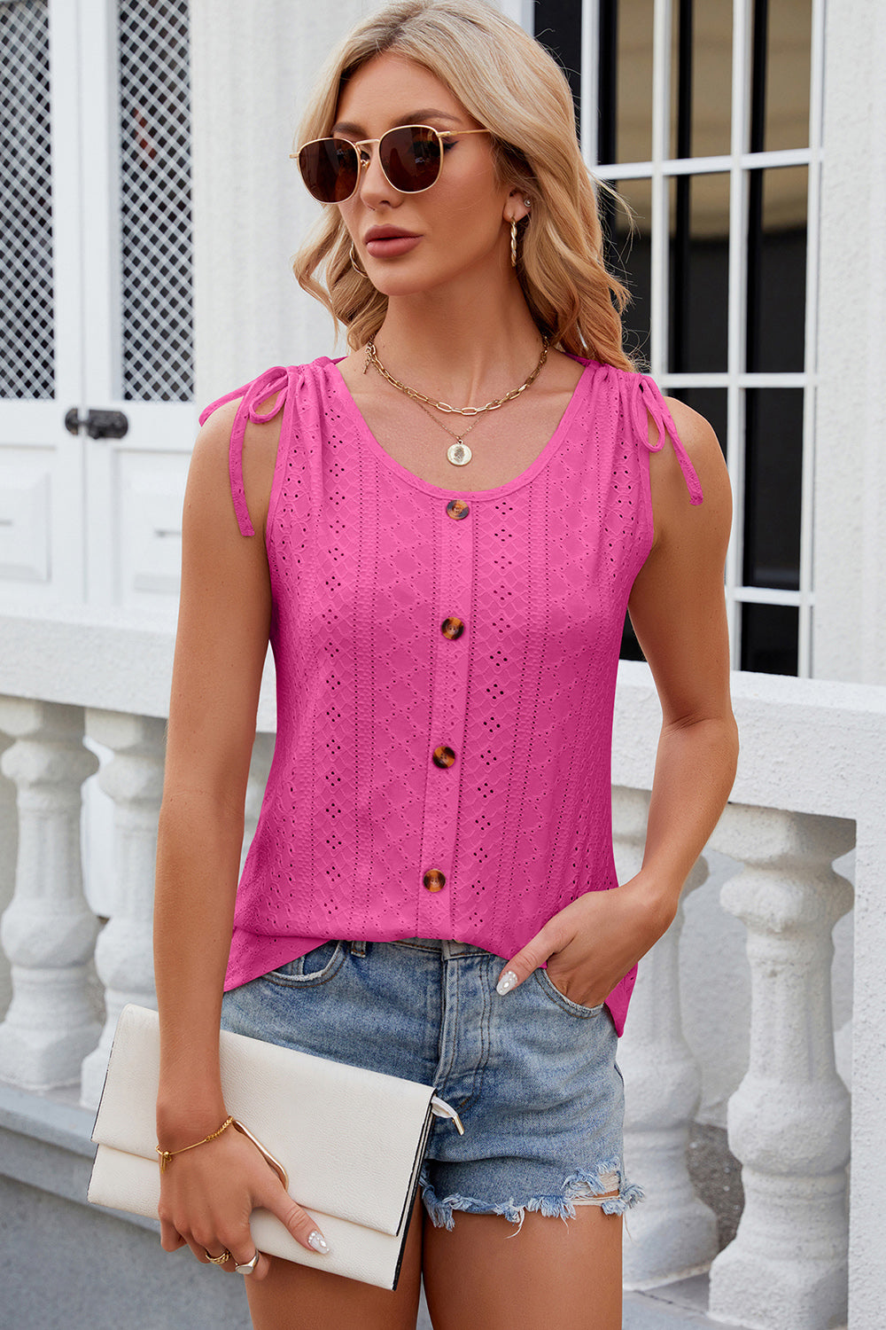 Eyelet Round Neck Wide Strap Tank
