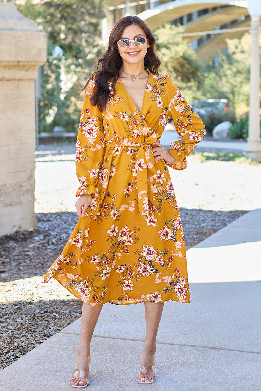 Double Take Full Size Floral Tie Back Flounce Sleeve Dress
