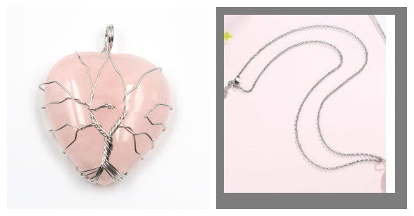 Peach Heart-shaped Lovers Pendant Natural Crystal Tree Of Life Necklace
