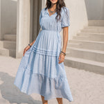 Tie Neck Balloon Sleeve Tiered Dress
