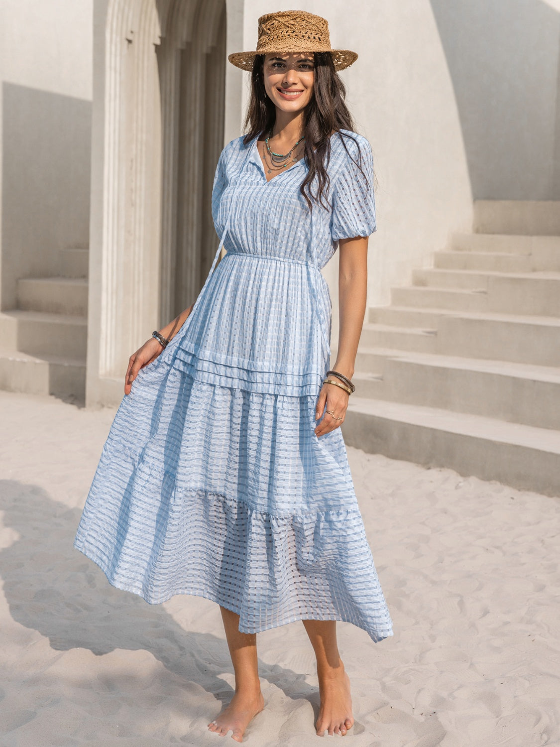 Tie Neck Balloon Sleeve Tiered Dress
