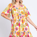 GeeGee Full Size Floral V-Neck Ruffle Trim Mini Dress
