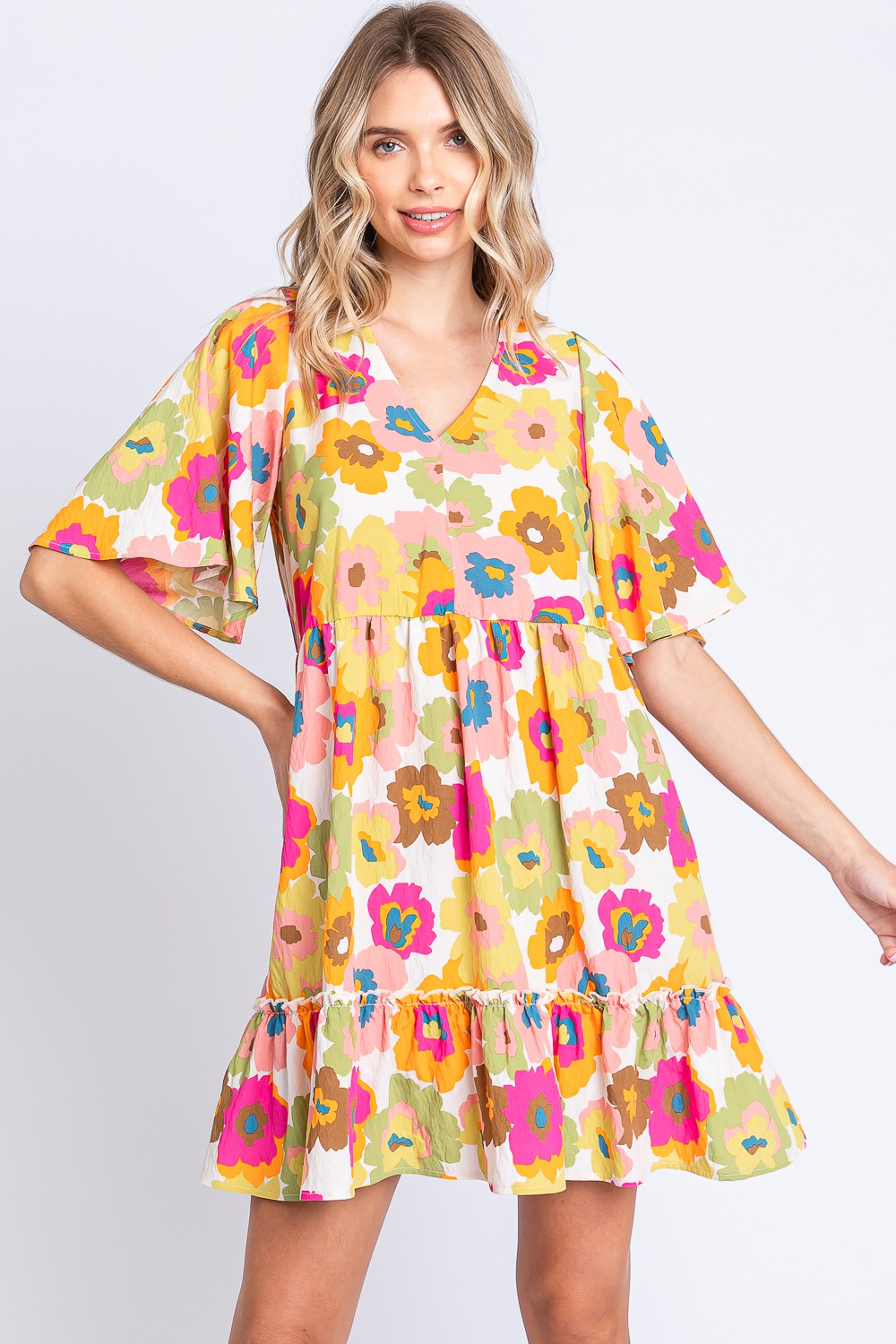 GeeGee Full Size Floral V-Neck Ruffle Trim Mini Dress
