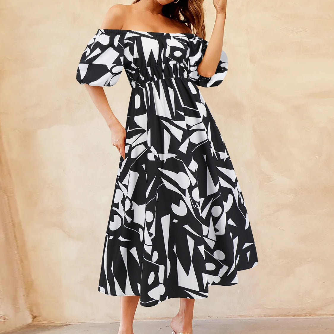 Printed Off-Shoulder Balloon Sleeve Dress
