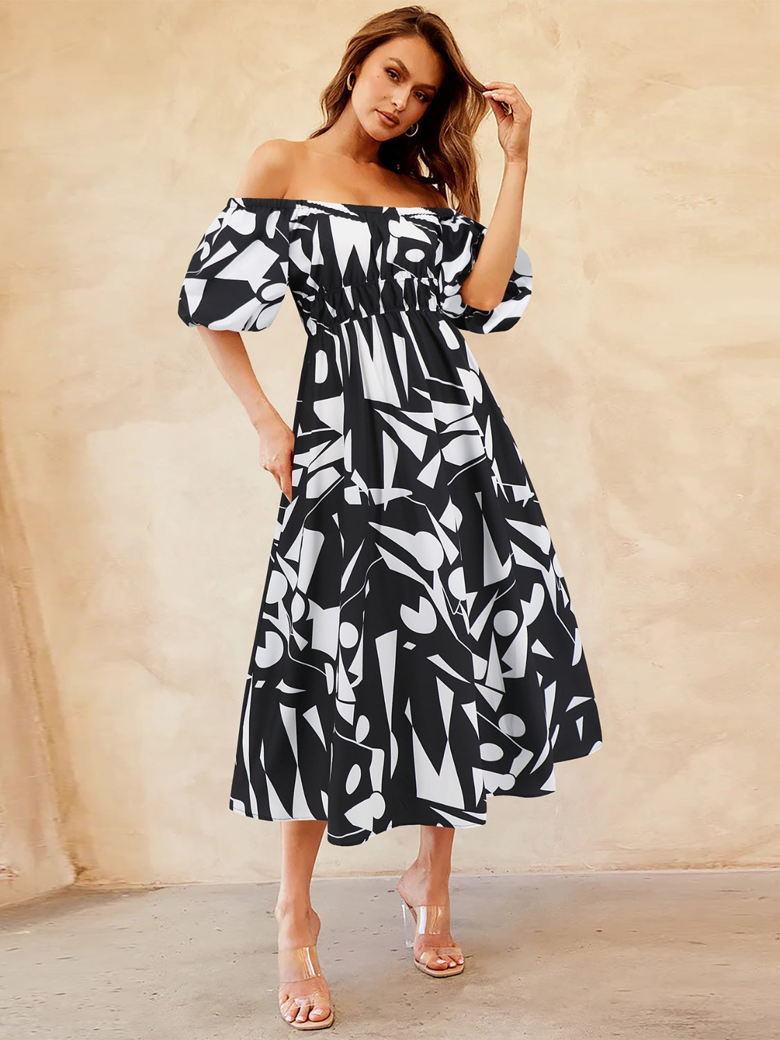 Printed Off-Shoulder Balloon Sleeve Dress
