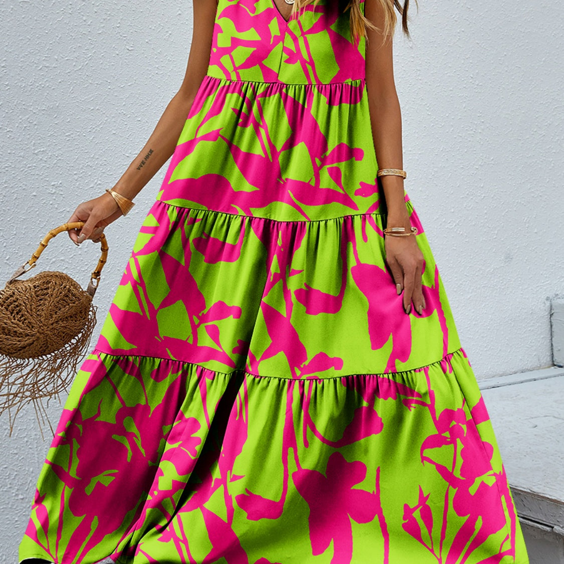 Tiered Printed V-Neck Sleeveless Dress
