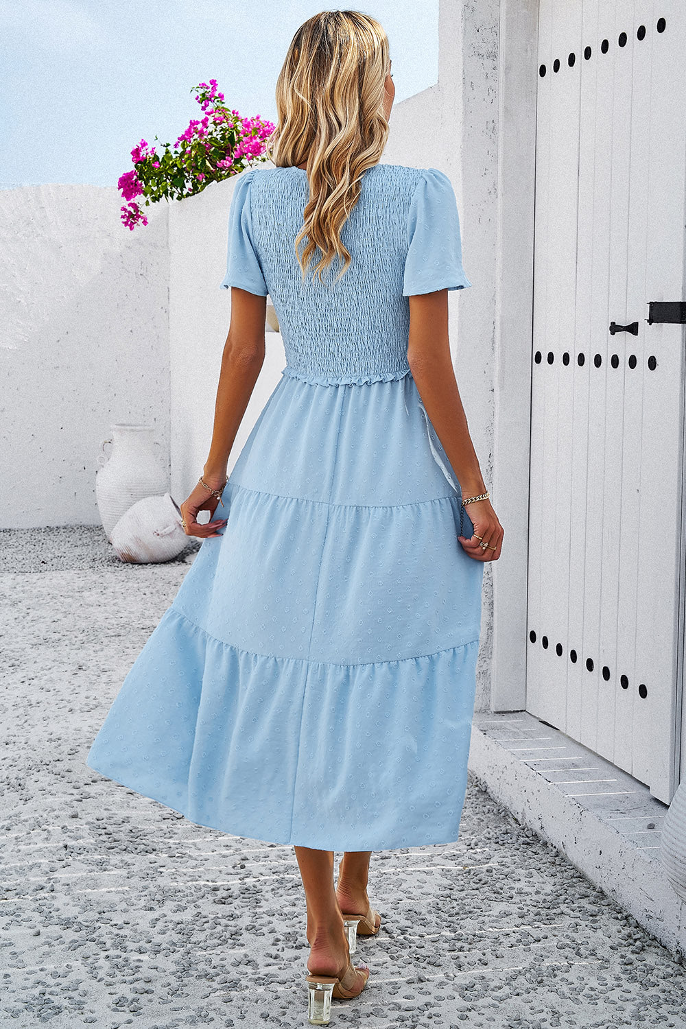 Swiss Dot Short Sleeve Smocked Dress
