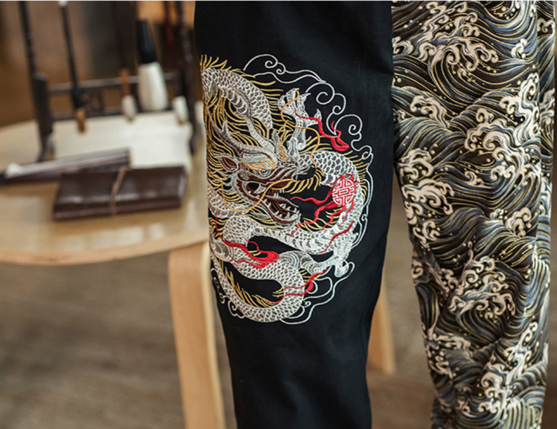 Embroidered silver dragon trousers
