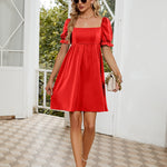 Ruched Square Neck Flounce Sleeve Mini Dress
