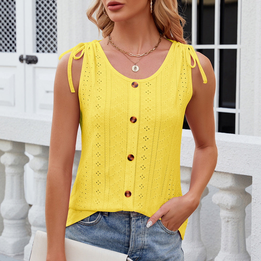 Eyelet Round Neck Wide Strap Tank
