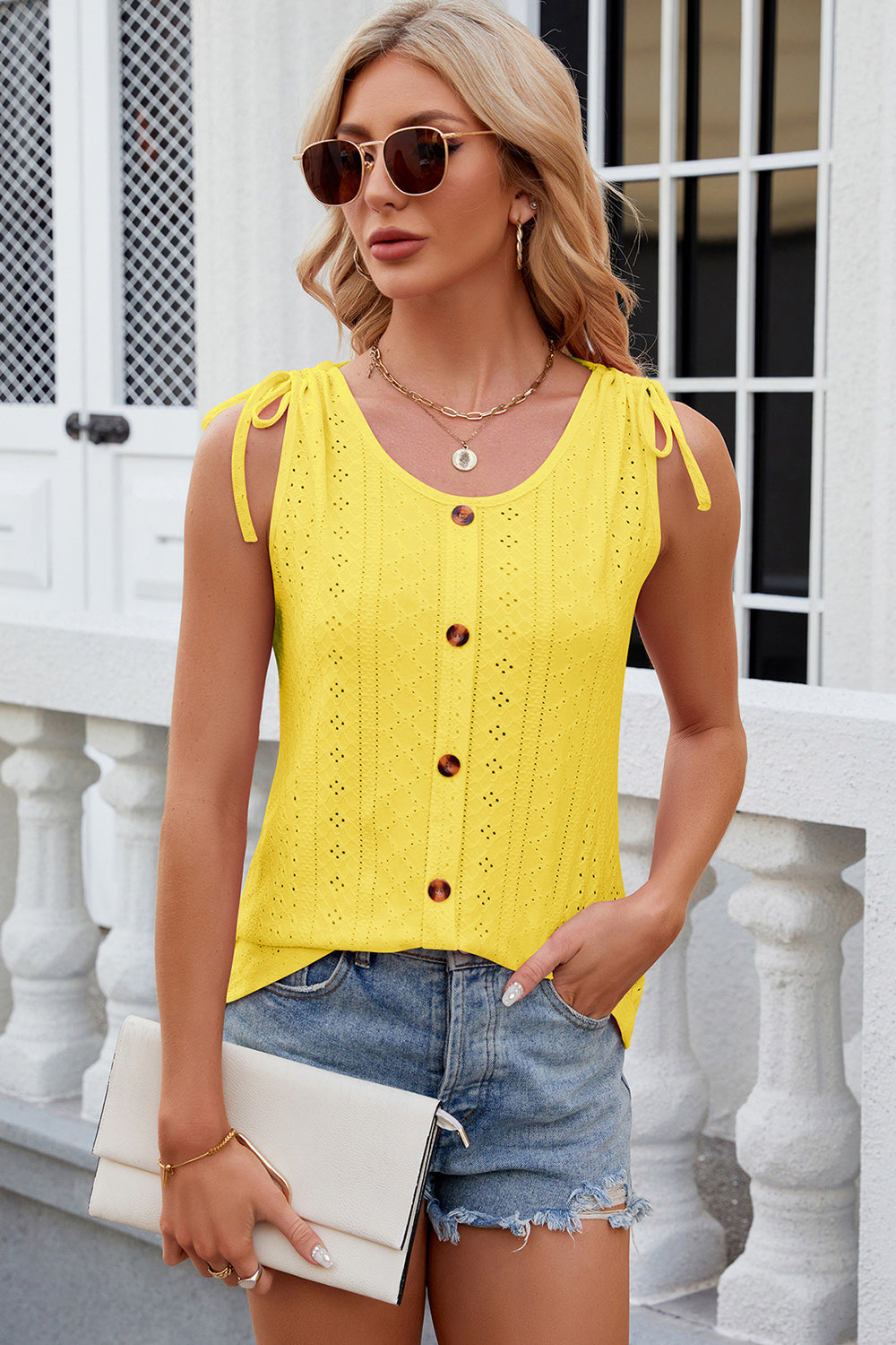 Eyelet Round Neck Wide Strap Tank
