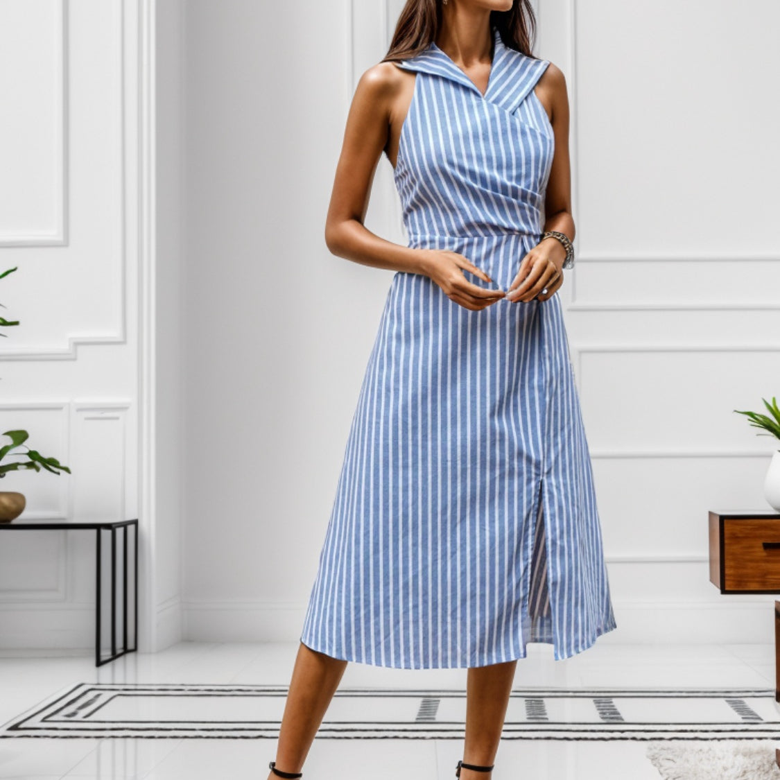 Slit Striped Sleeveless Midi Dress
