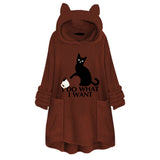 Hooded Pullover Cat Print Long Sleeved Reversible Velvet Sweater
